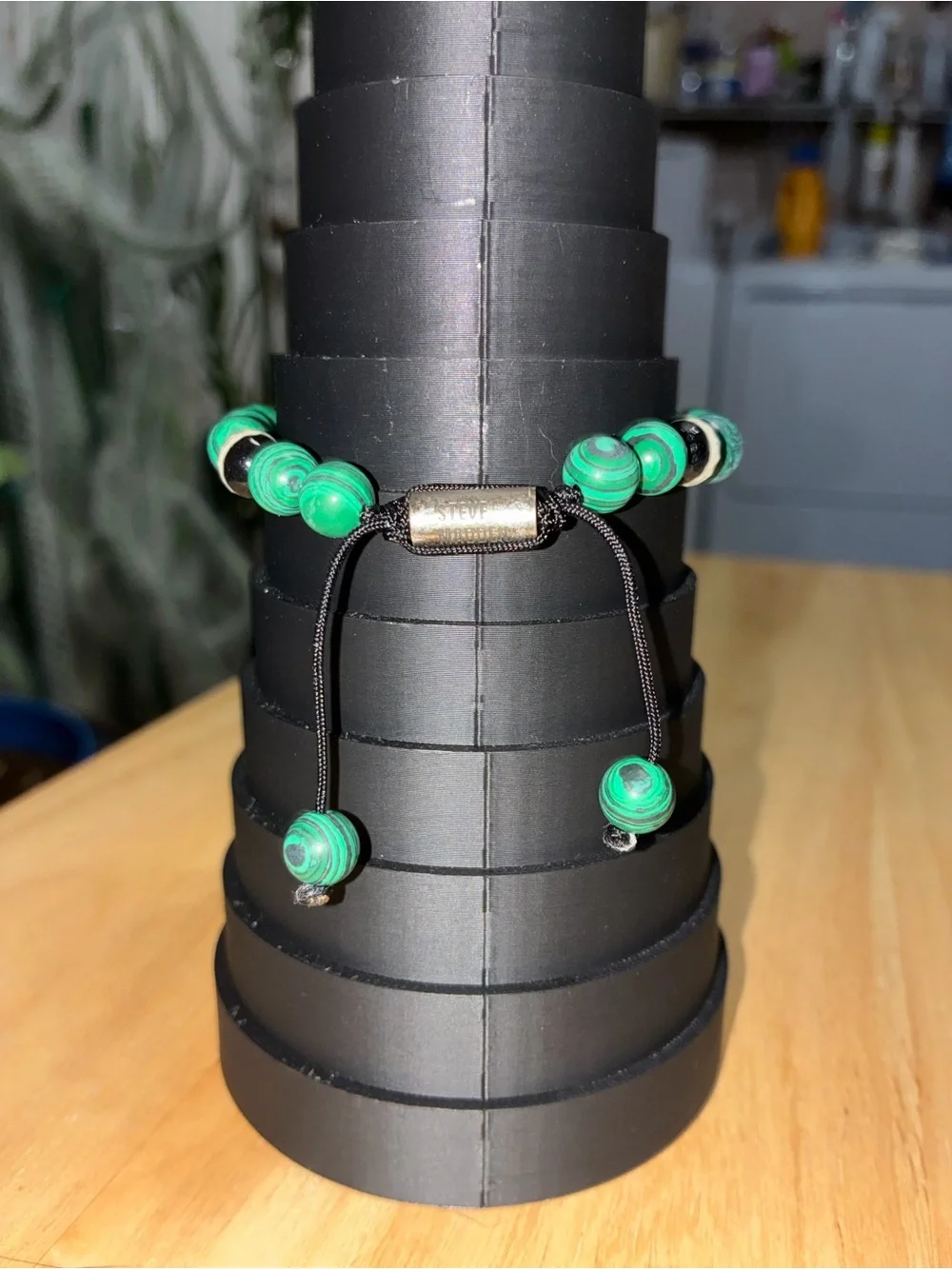 Steve Madden Malachite & Black Onyx Bead Anchor Charm Adjustable Bracelet